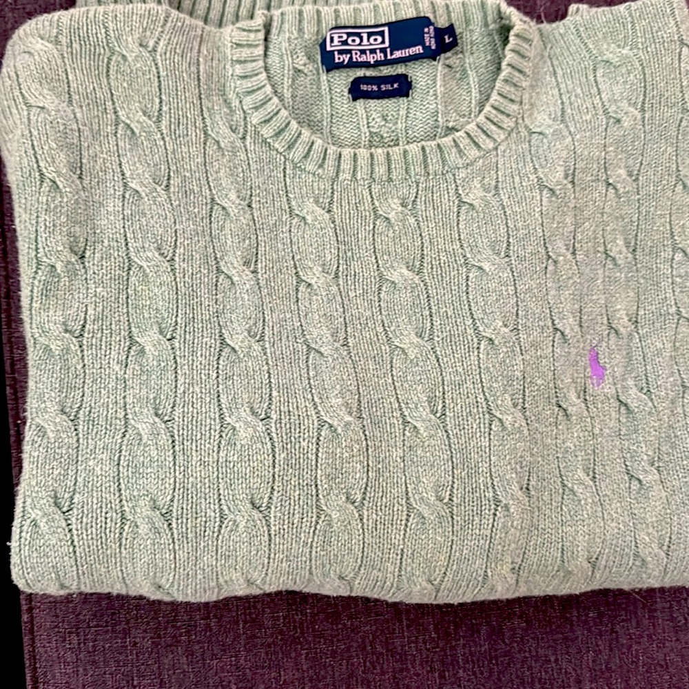 Vintage 100% silk Polo Ralph Lauren sweater. Size L. Light green/teal color